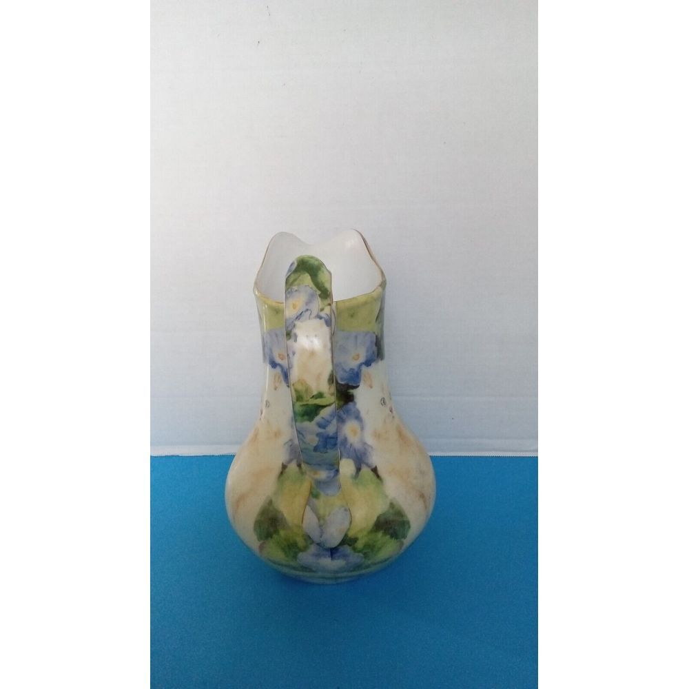 Vintage‎ Hand-Painted Ceramic Pitcher with Floral Design and Cat Motif Vase